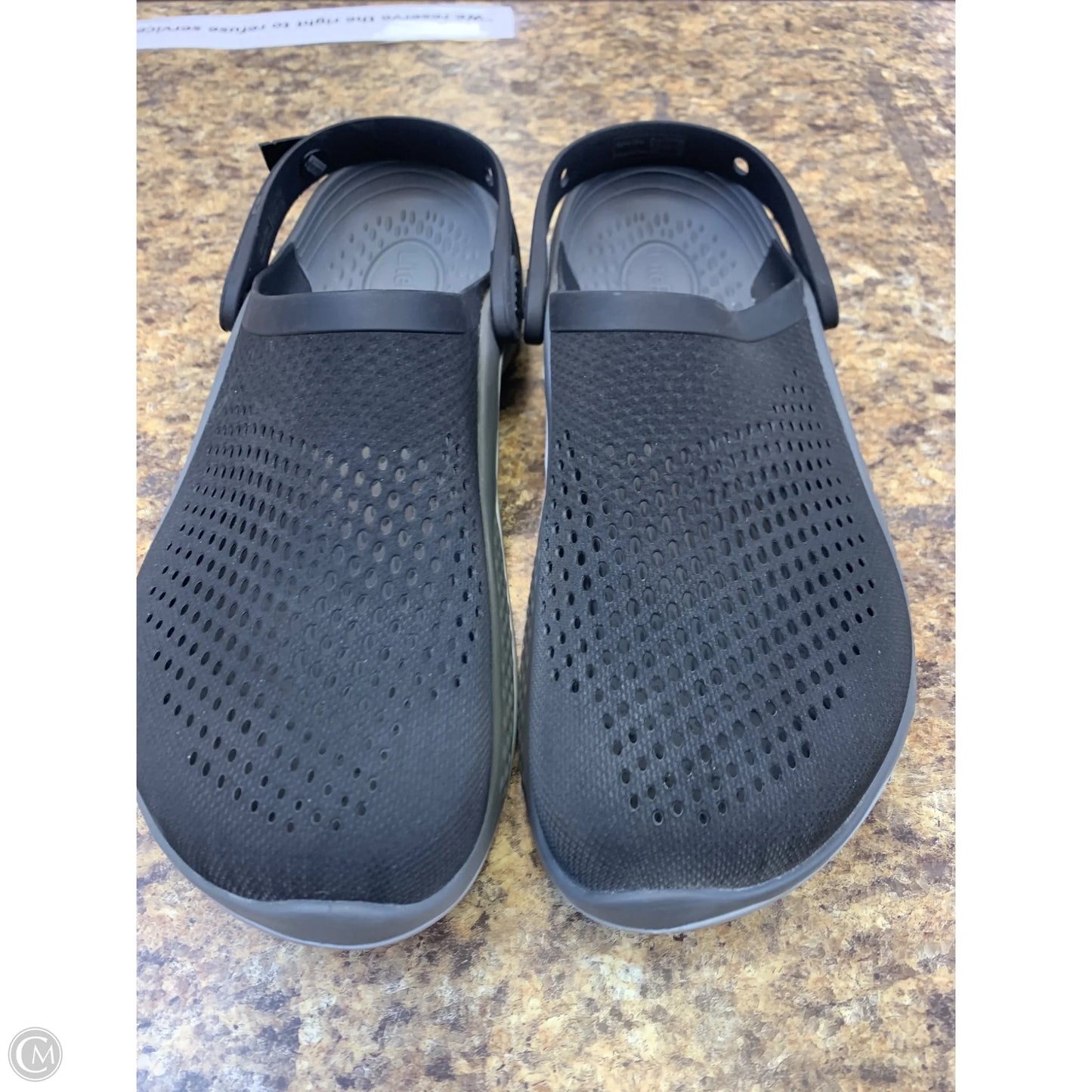 Shoes Flats By Crocs In Black & Grey, Size: 12