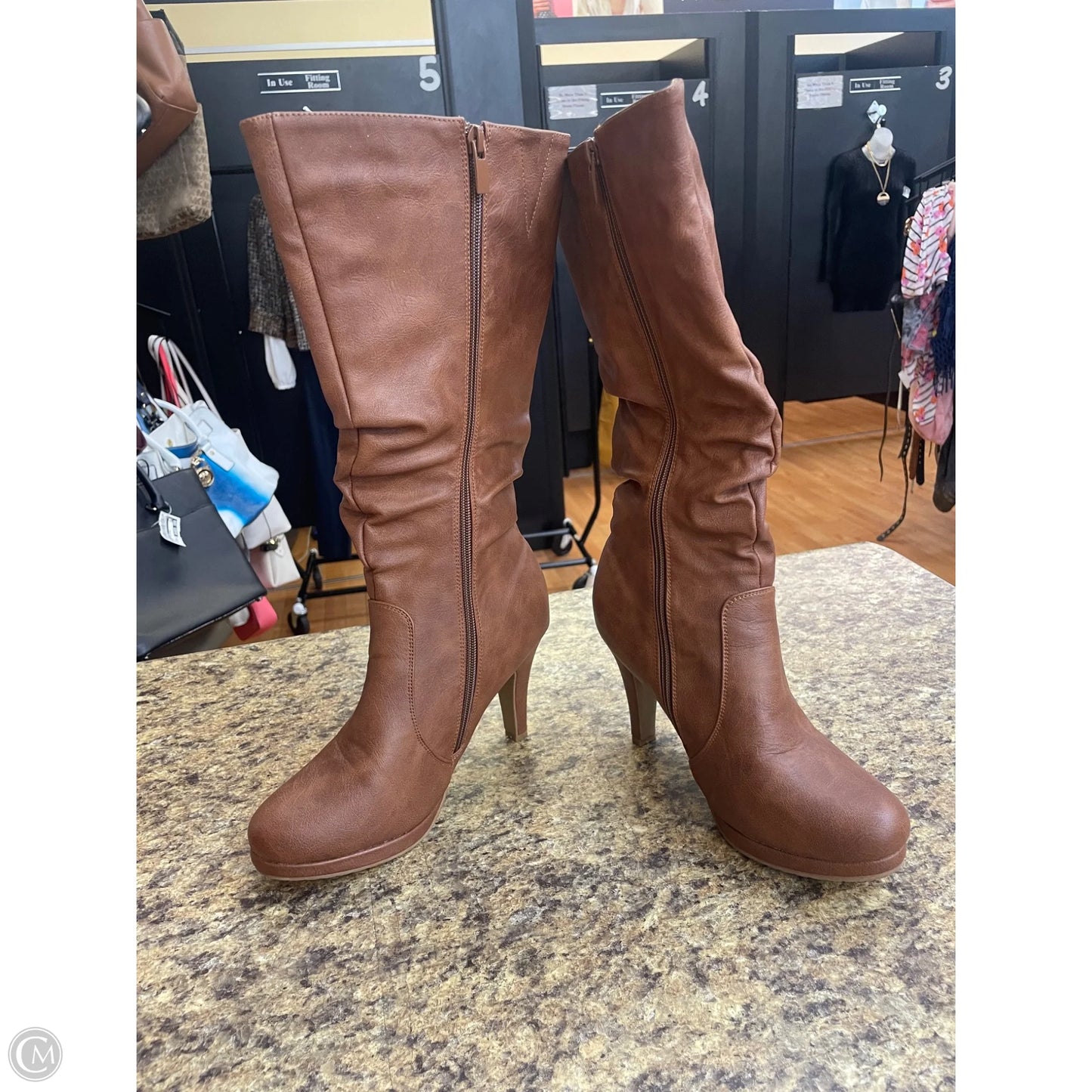 Boots Mid-calf Heels By Top Moda In Brown, Size: 8.5