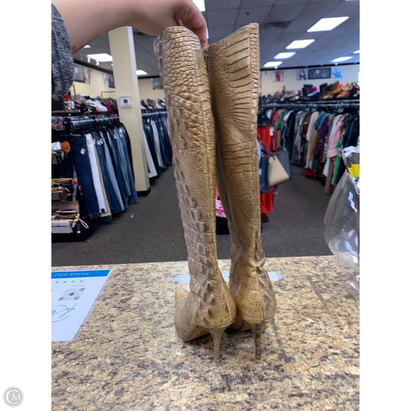 Boots Knee Heels By Cmf In Gold, Size: 9