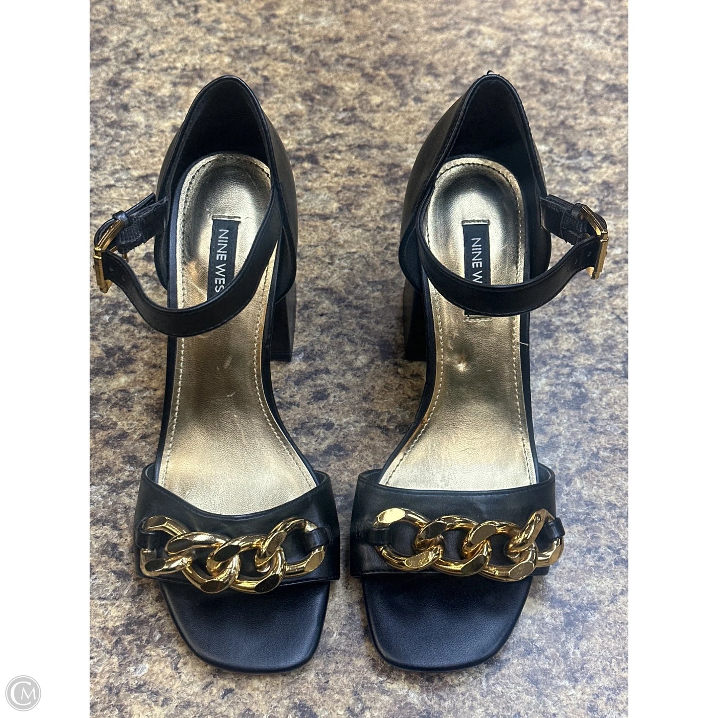 Sandals Heels Block By Nine West In Black & Gold, Size: 7.5