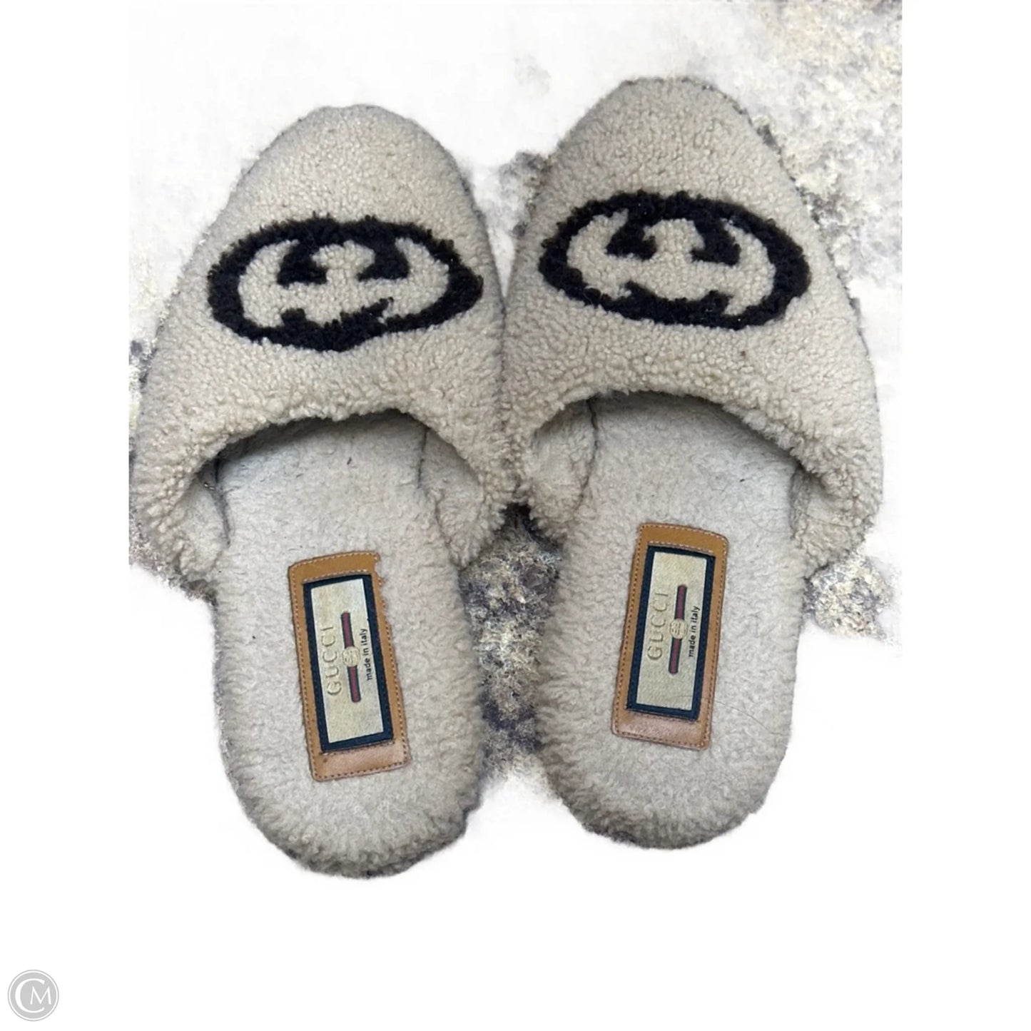 Slippers Luxury Designer By Gucci In Brown & Cream, Size: 9