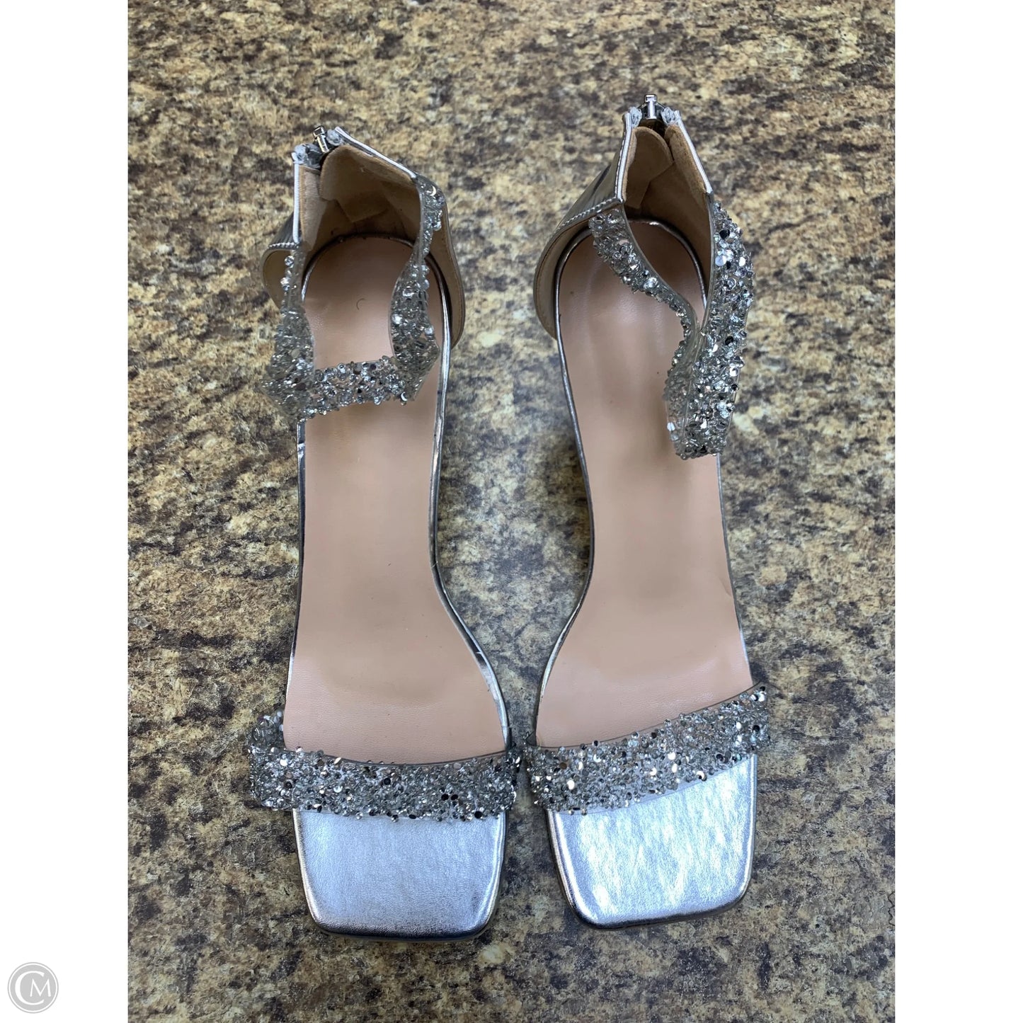 Sandals Heels Kitten By Cmf In Silver, Size: 12
