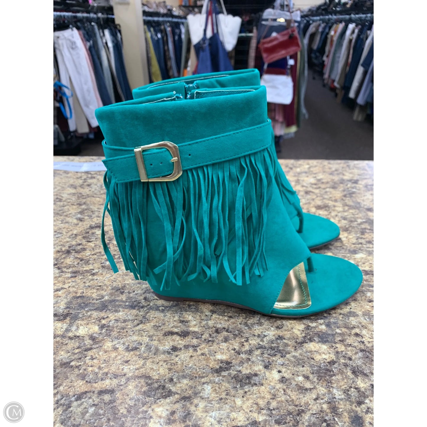 Shoes Heels Wedge By Rouge In Green, Size: 8