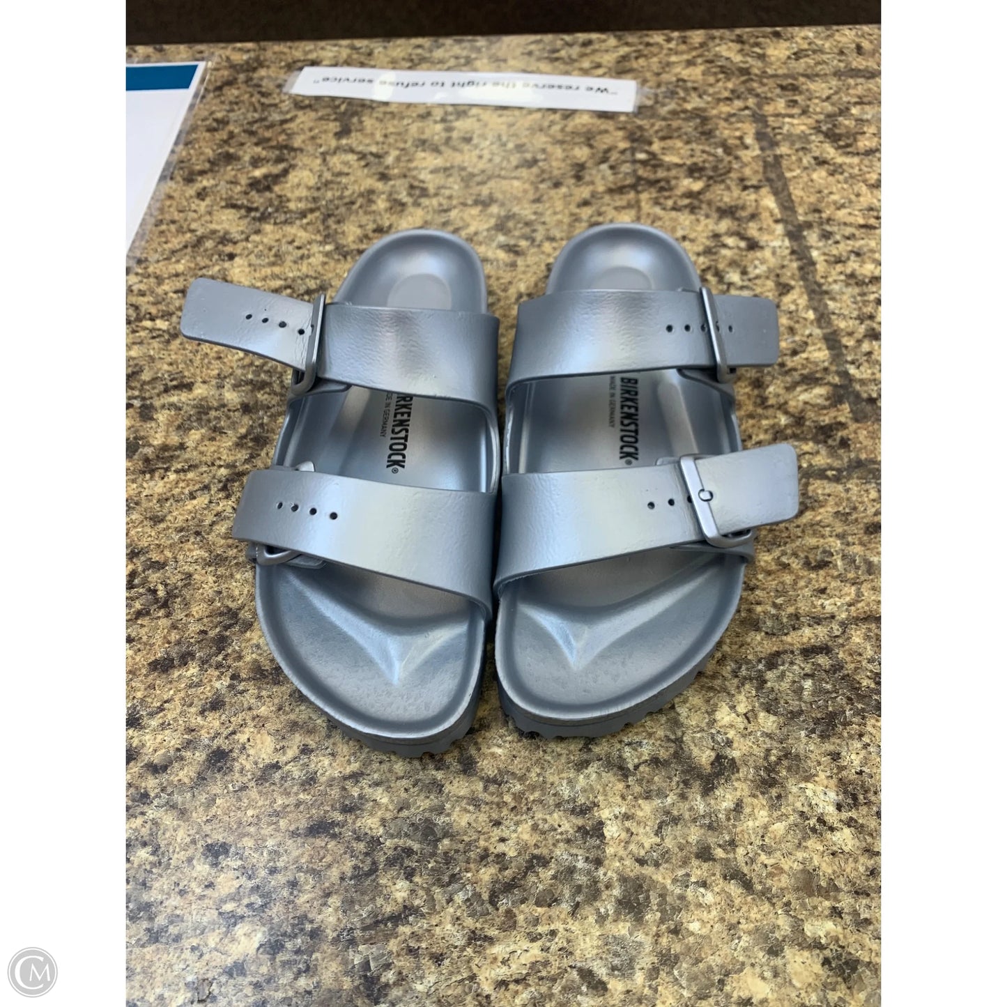 Sandals Flip Flops By Birkenstock In Silver, Size: 9