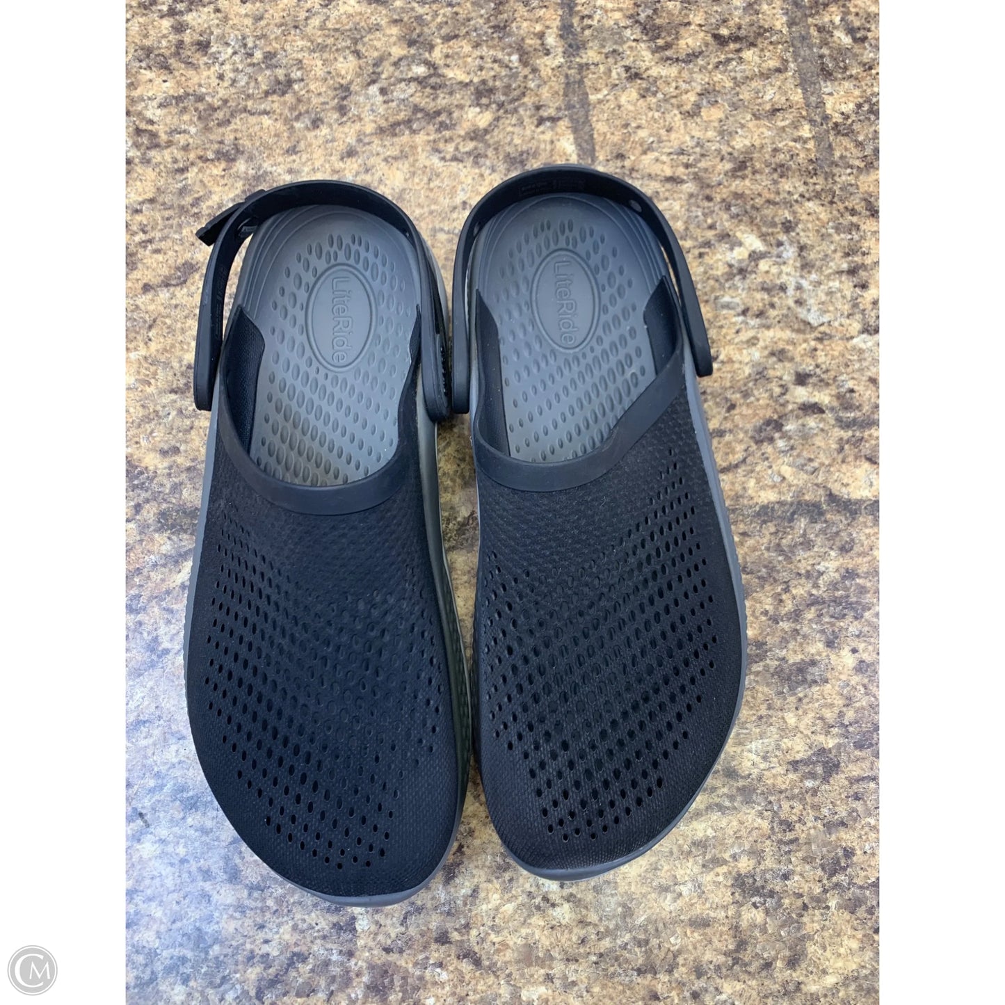 Shoes Flats By Crocs In Black & Grey, Size: 12