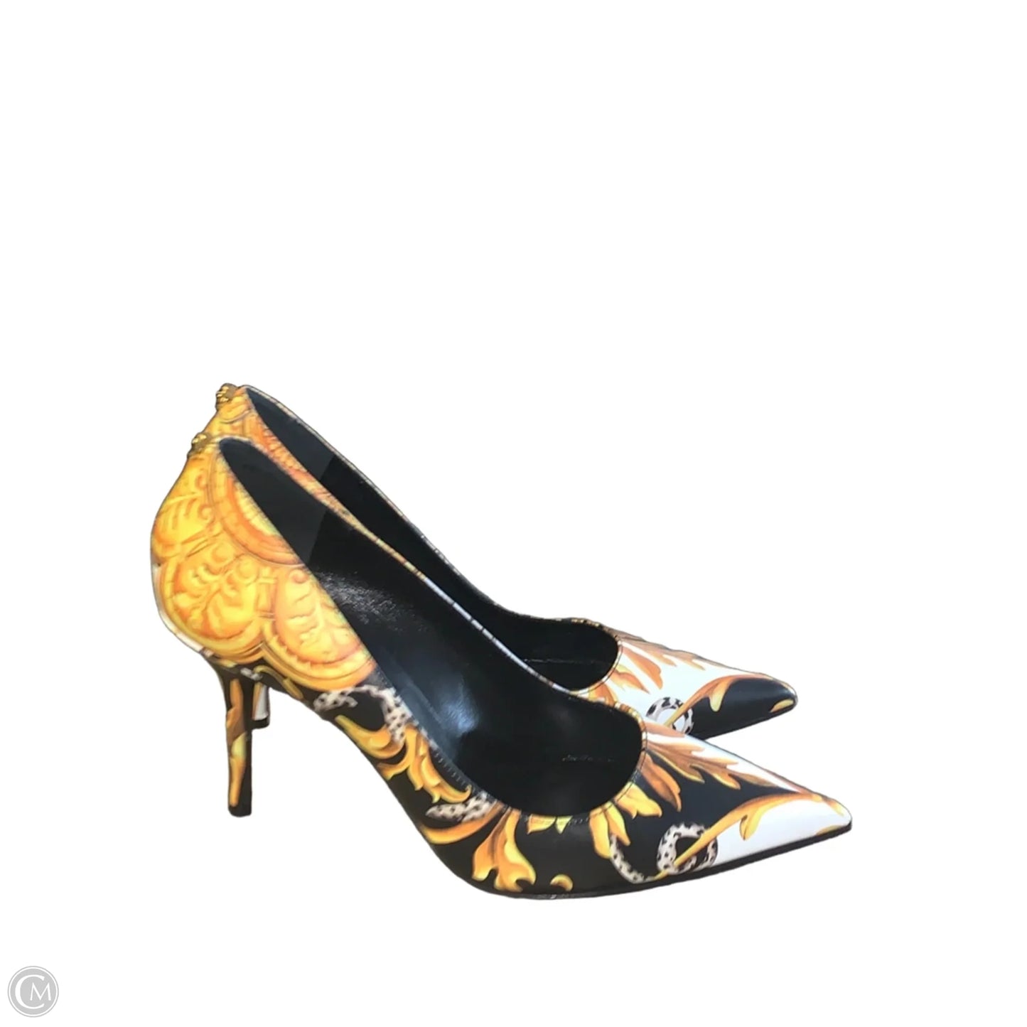 Shoes Luxury Designer By Versace In Gold & White, Size: 6