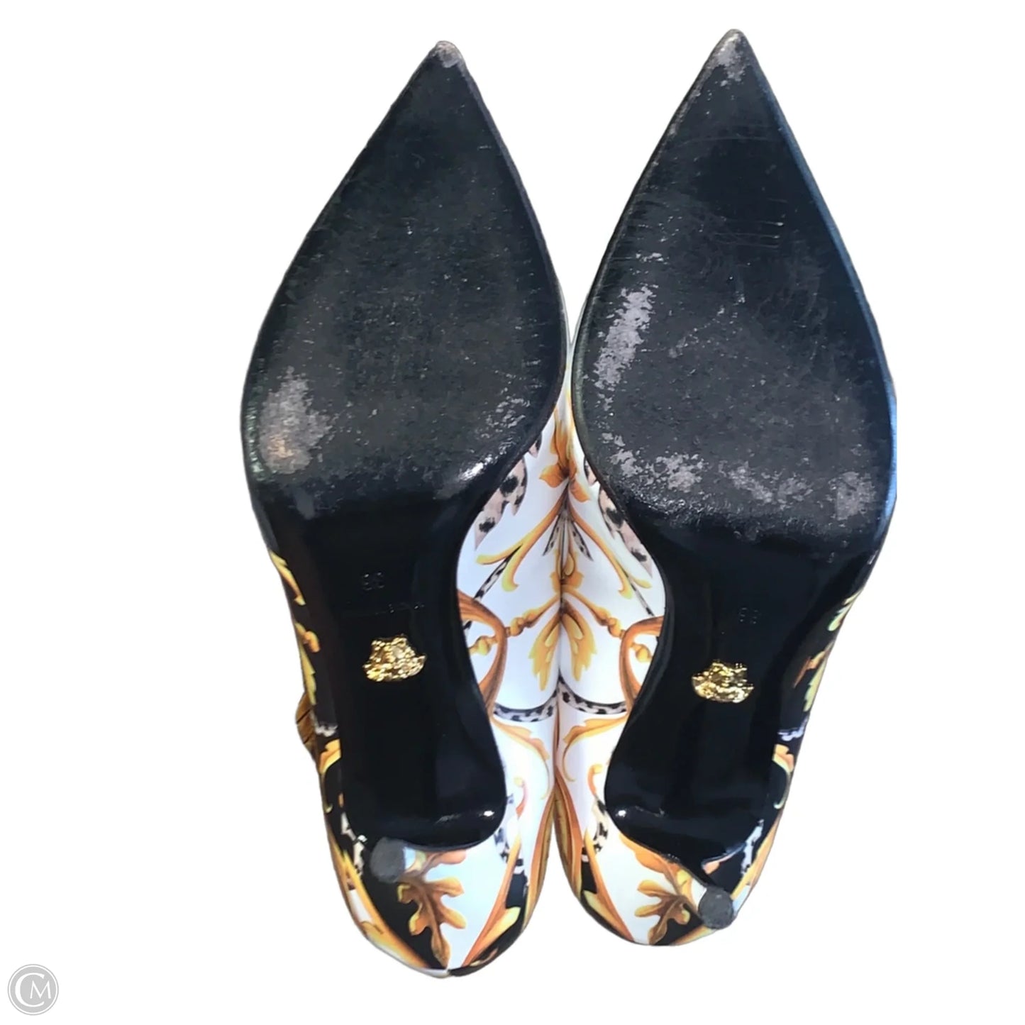 Shoes Luxury Designer By Versace In Gold & White, Size: 6