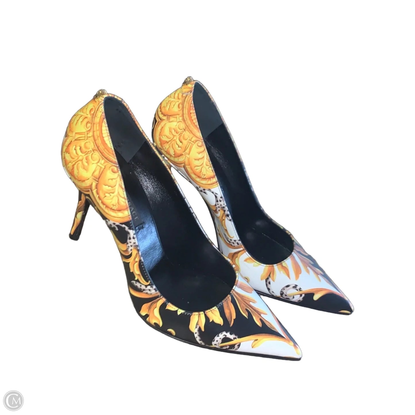 Shoes Luxury Designer By Versace In Gold & White, Size: 6