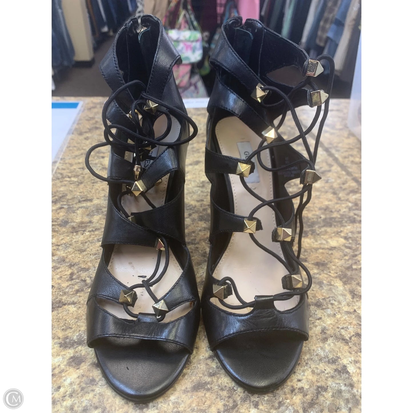 Sandals Heels Stiletto By Guess In Black & Gold, Size: 7.5