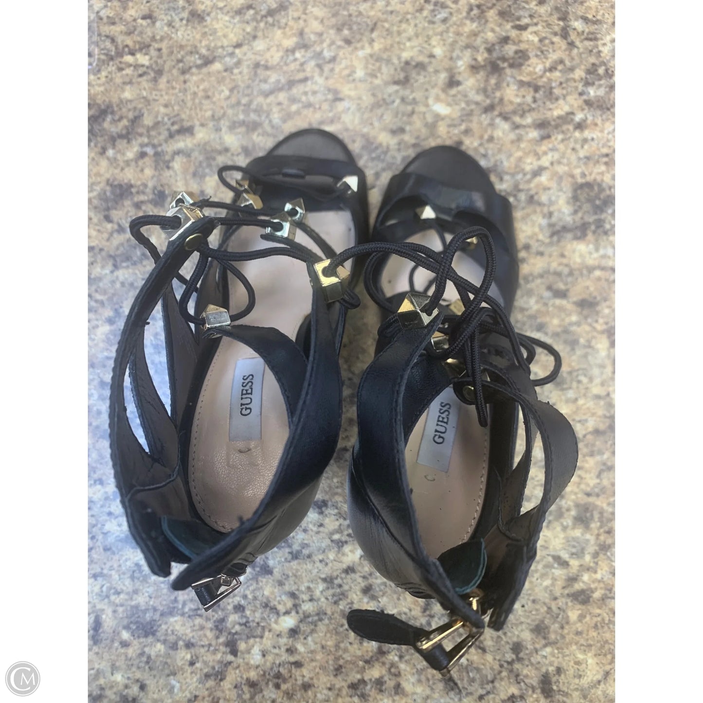 Sandals Heels Stiletto By Guess In Black & Gold, Size: 7.5