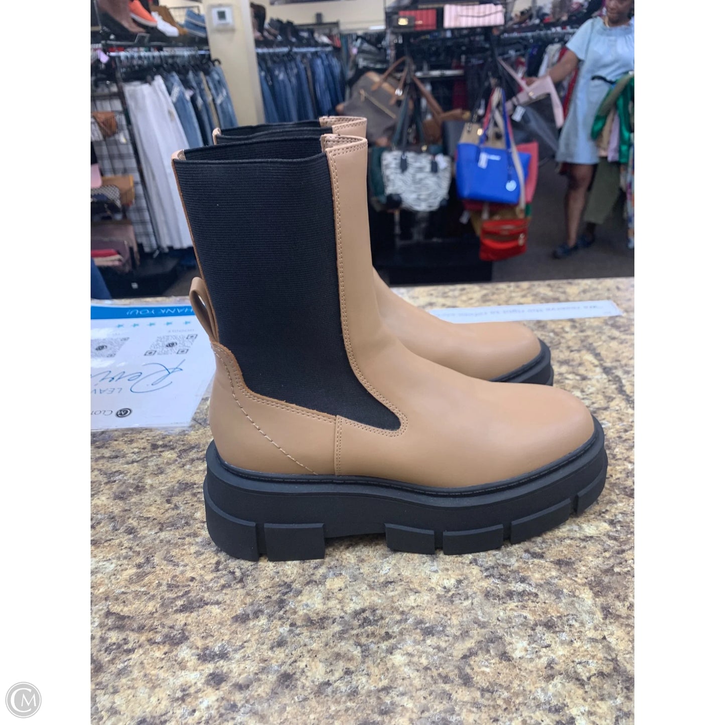 Boots Ankle Flats By Mng In Black & Tan, Size: 7.5