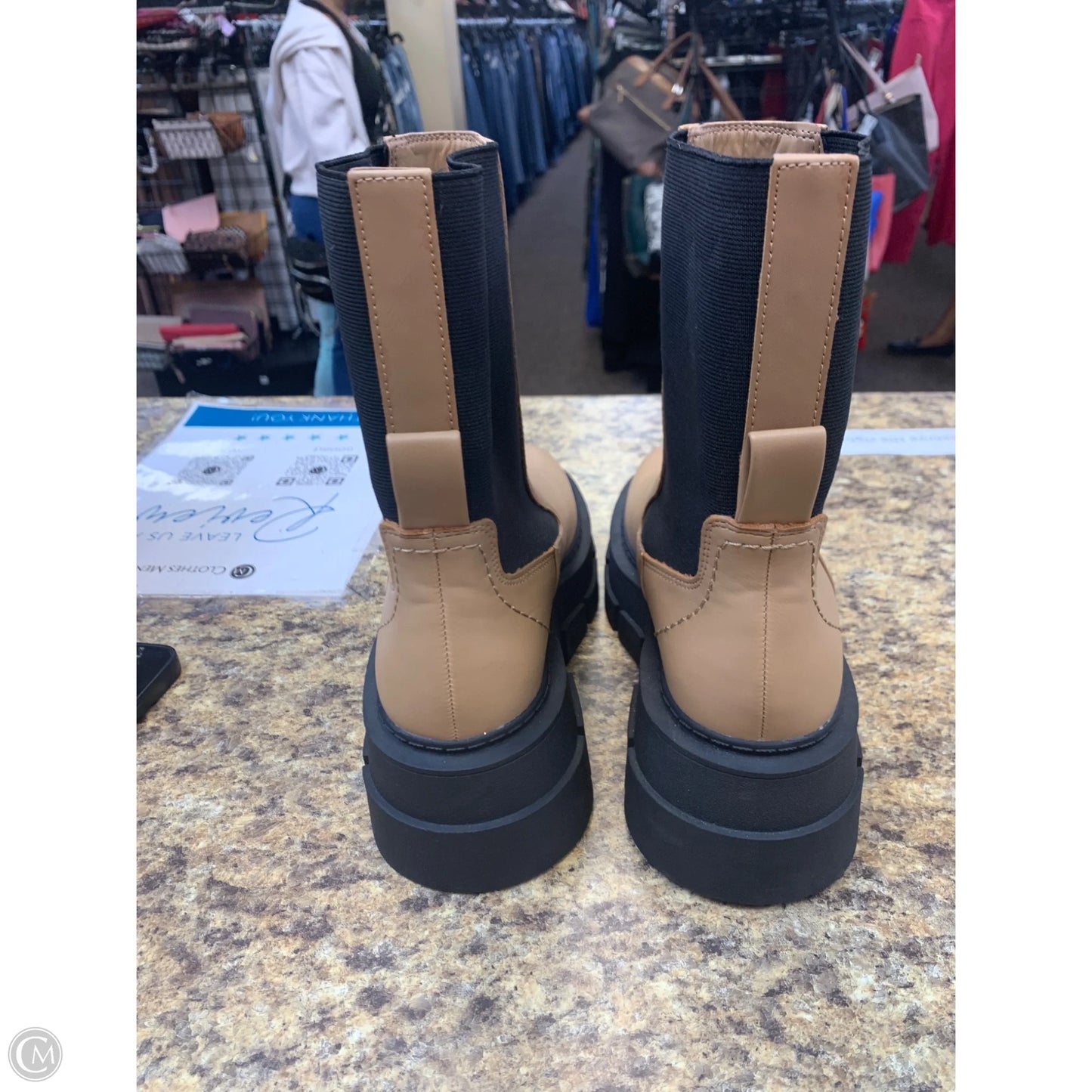 Boots Ankle Flats By Mng In Black & Tan, Size: 7.5