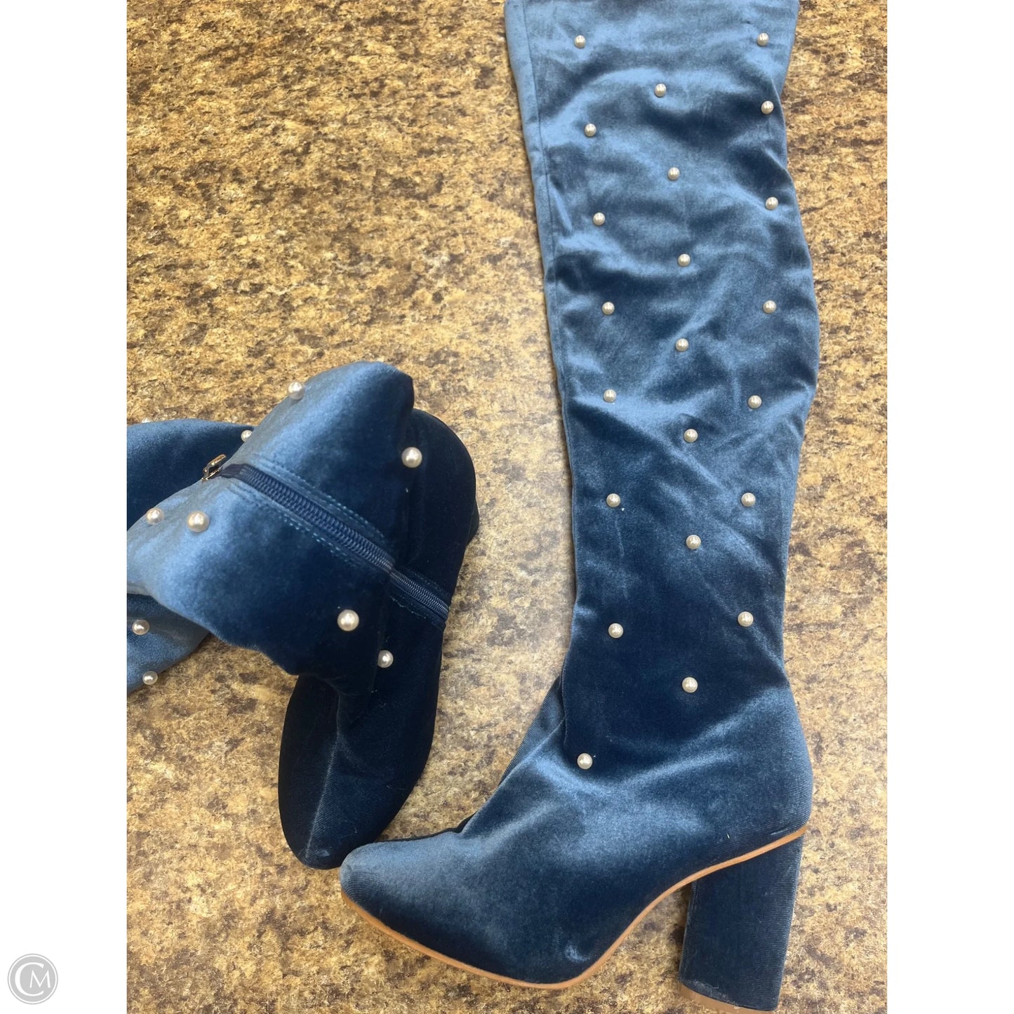 Boots Knee Heels By Yoki In Blue, Size: 8