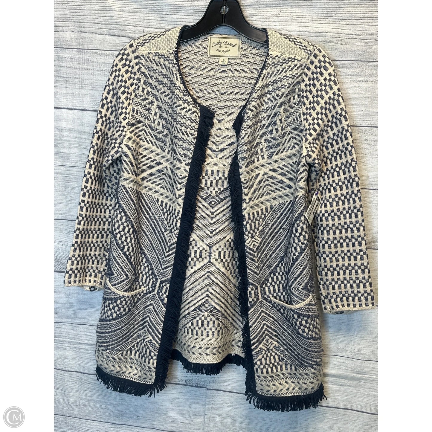 Sweater Cardigan By Lucky Brand In Blue & Cream, Size: S